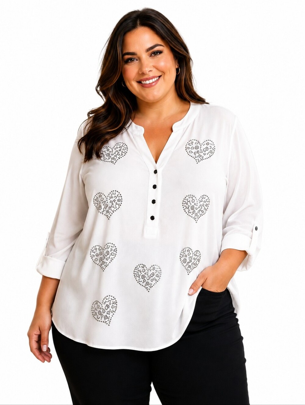 Ava & Grace White Long-Sleeve Heart Silver Stud Tunic Sz 1X